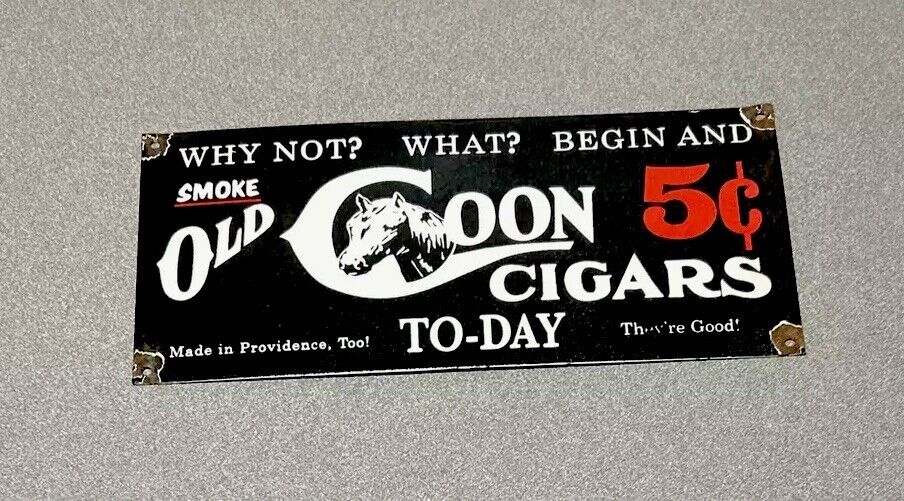 VINTAGE RARE 14” OLD COON CIGARS HORSE PORCELAIN SIGN CAR GAS OIL TRUCK AUTO