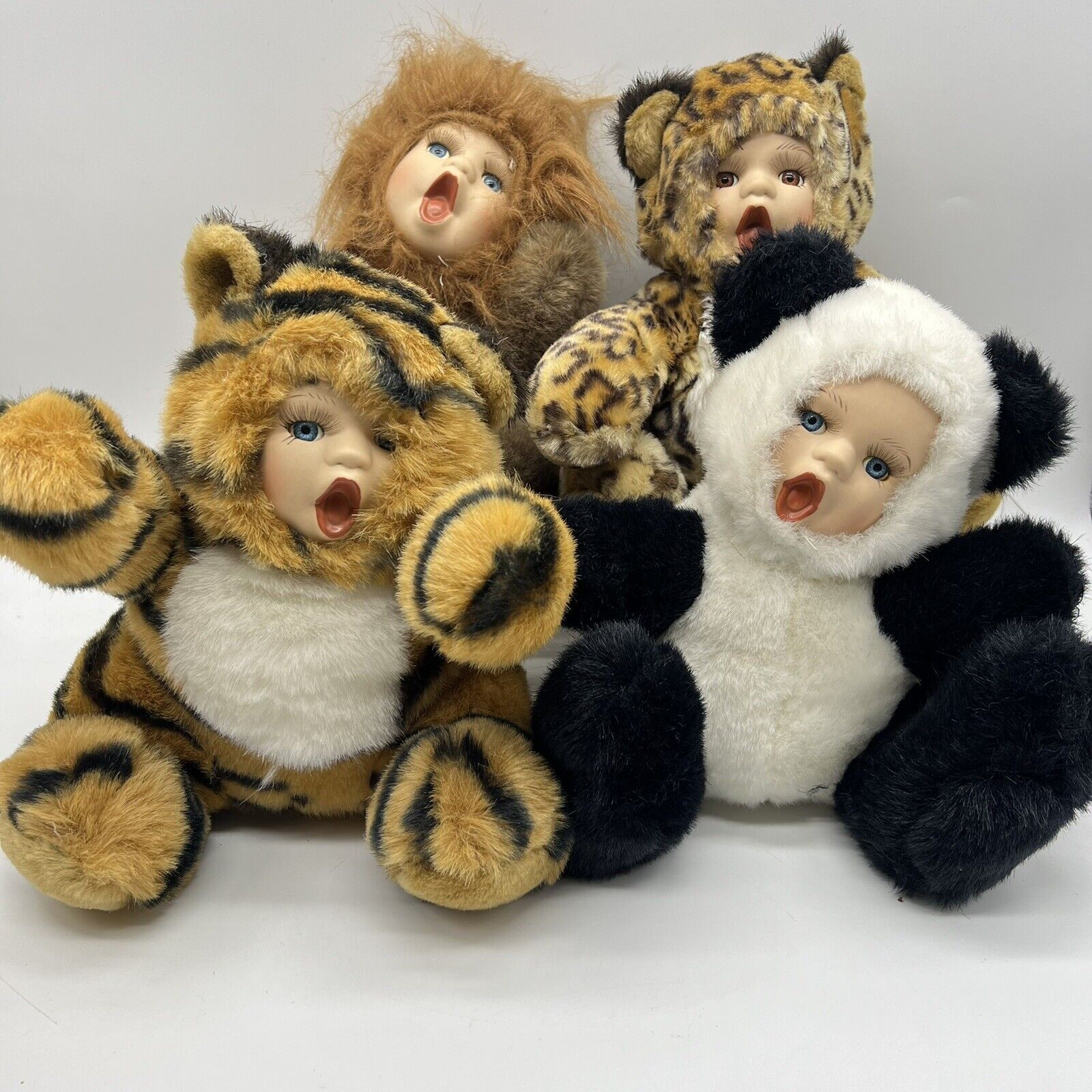 Oriental Trading Porcelain Face Human Baby Animal Panda Tiger Cheetah Lion Plush
