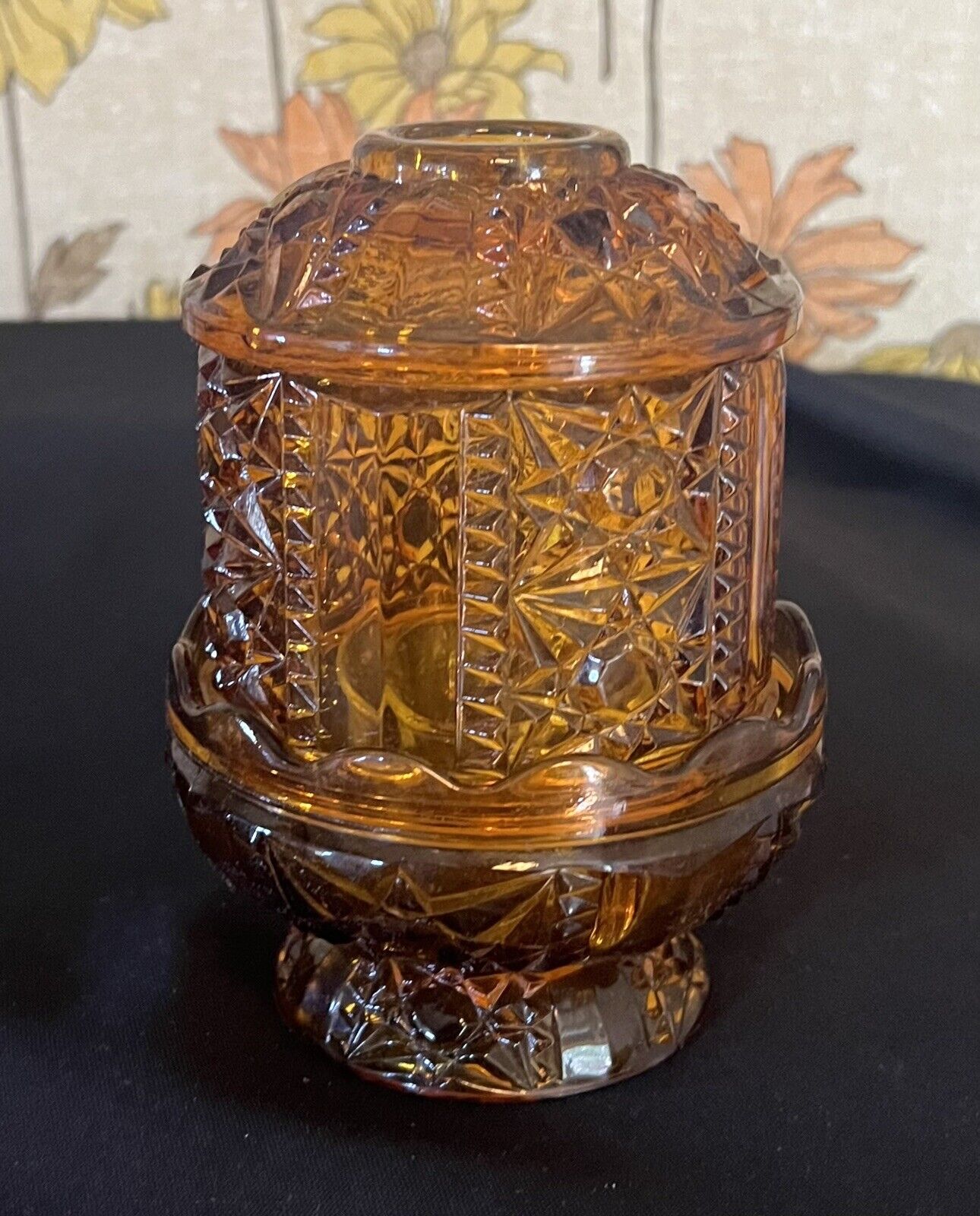 Vintage Amber Fairy Lamp Indiana Glass Stars and Bars Candle Tea Votive Light