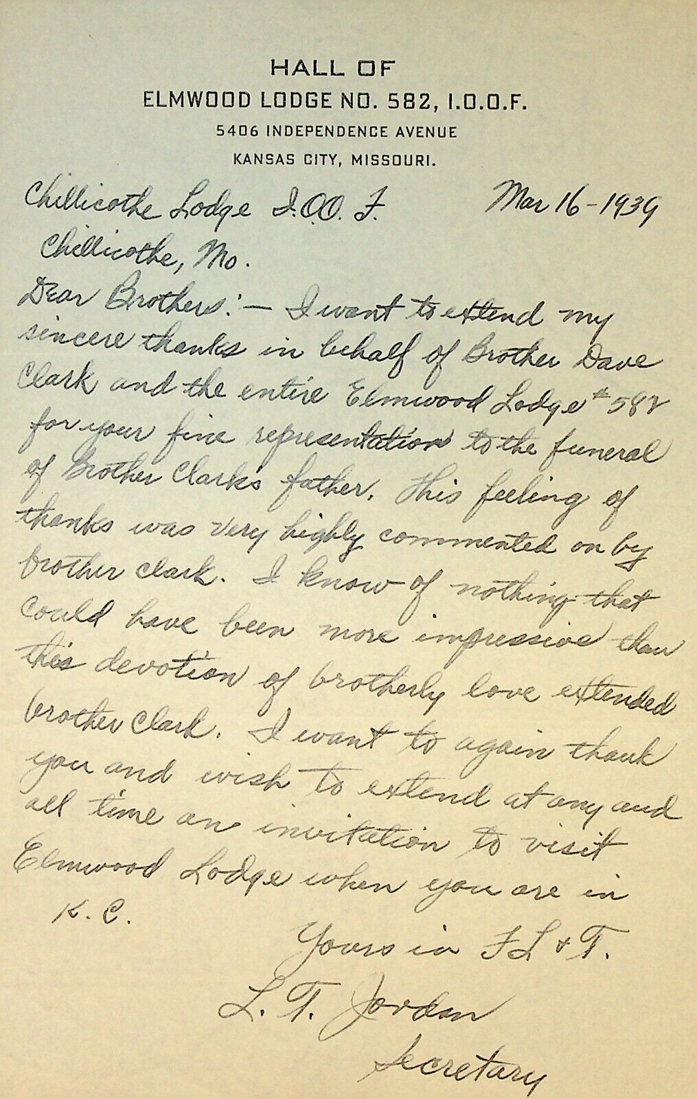 Rare 1939 Letter I.O.O.F. Odd Fellows Elmwood Lodge #582 Kansas City MO