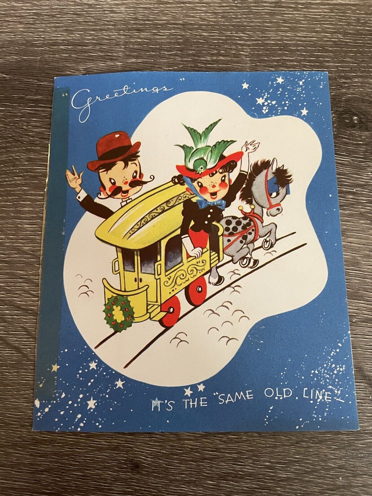 Vintage Christmas Card Same Old Lime Couple On Train, Used
