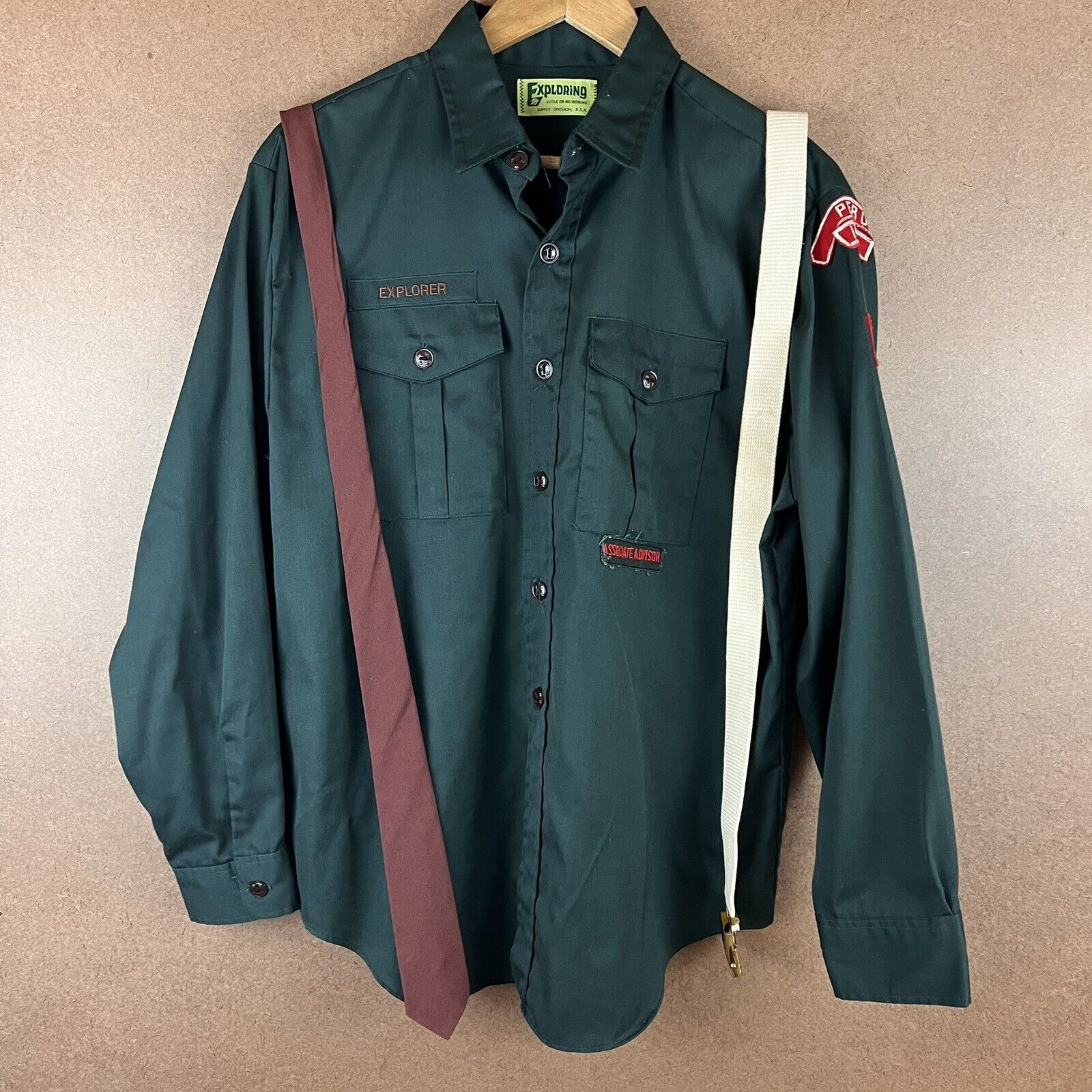 VTG BSA Boy Scouts Explorer Shirt w/ Tie and Belt Peru ILL Large USA