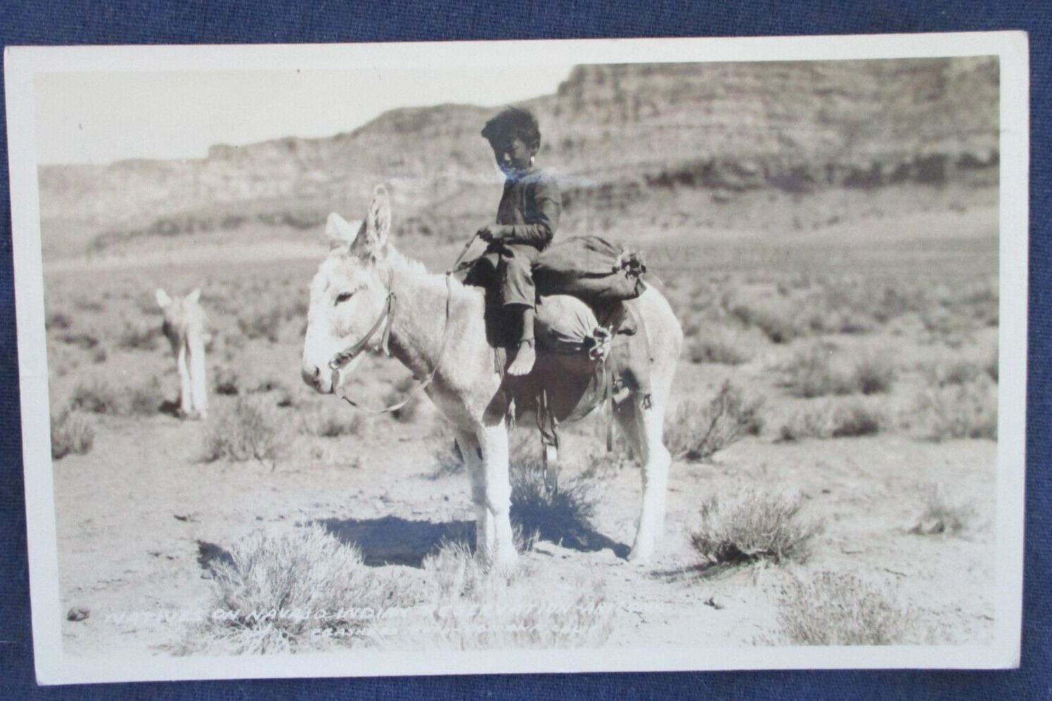 RP Navajo Indian Child on Burro Frashers Postcard 1932 Bab Fore Arizona Cancel