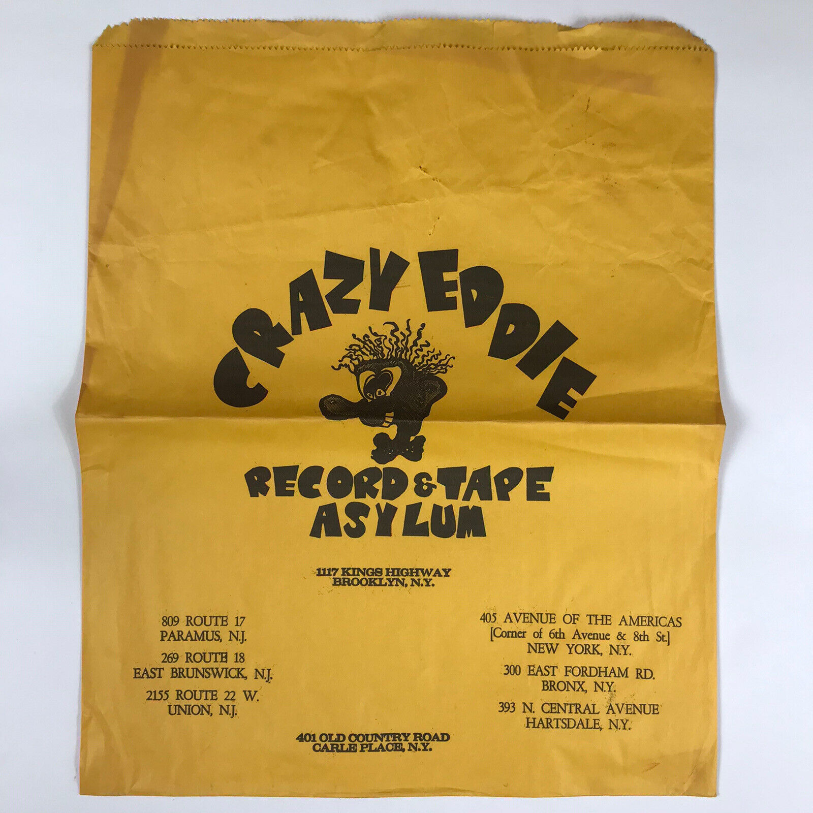 Vintage Crazy Eddie Record & Tape Asylum Paper Shopping Bag 1970s 18 x 15, NYC
