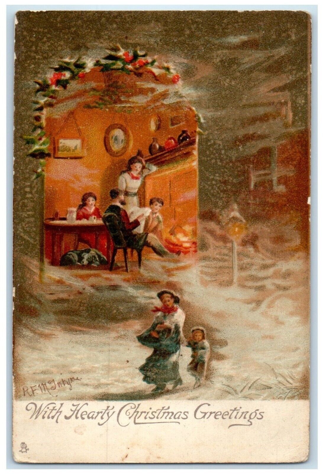 c1905 Christmas Greetings Family Fireplace Tuck's Posted Antique Postcard