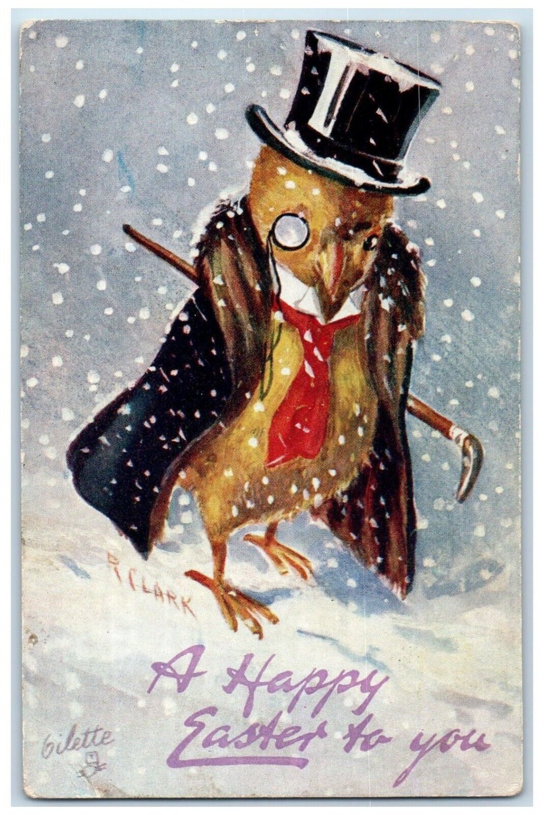 c1910's Easter Anthropomorphic Chick Winter Snowfall Oilette Tuck's Postcard
