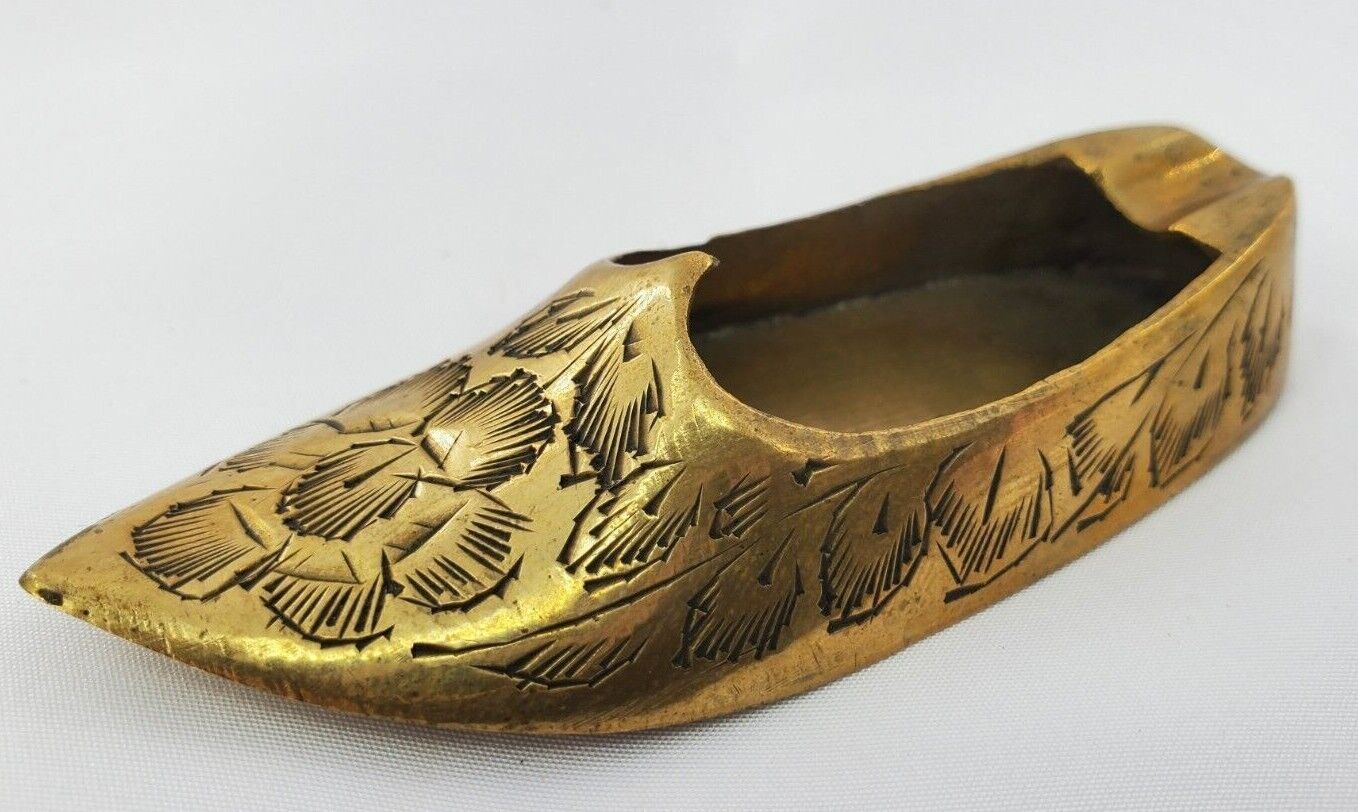 Tiny Brass Slipper Individual Ashtray Vintage Shoe India Etched Mid-Century
