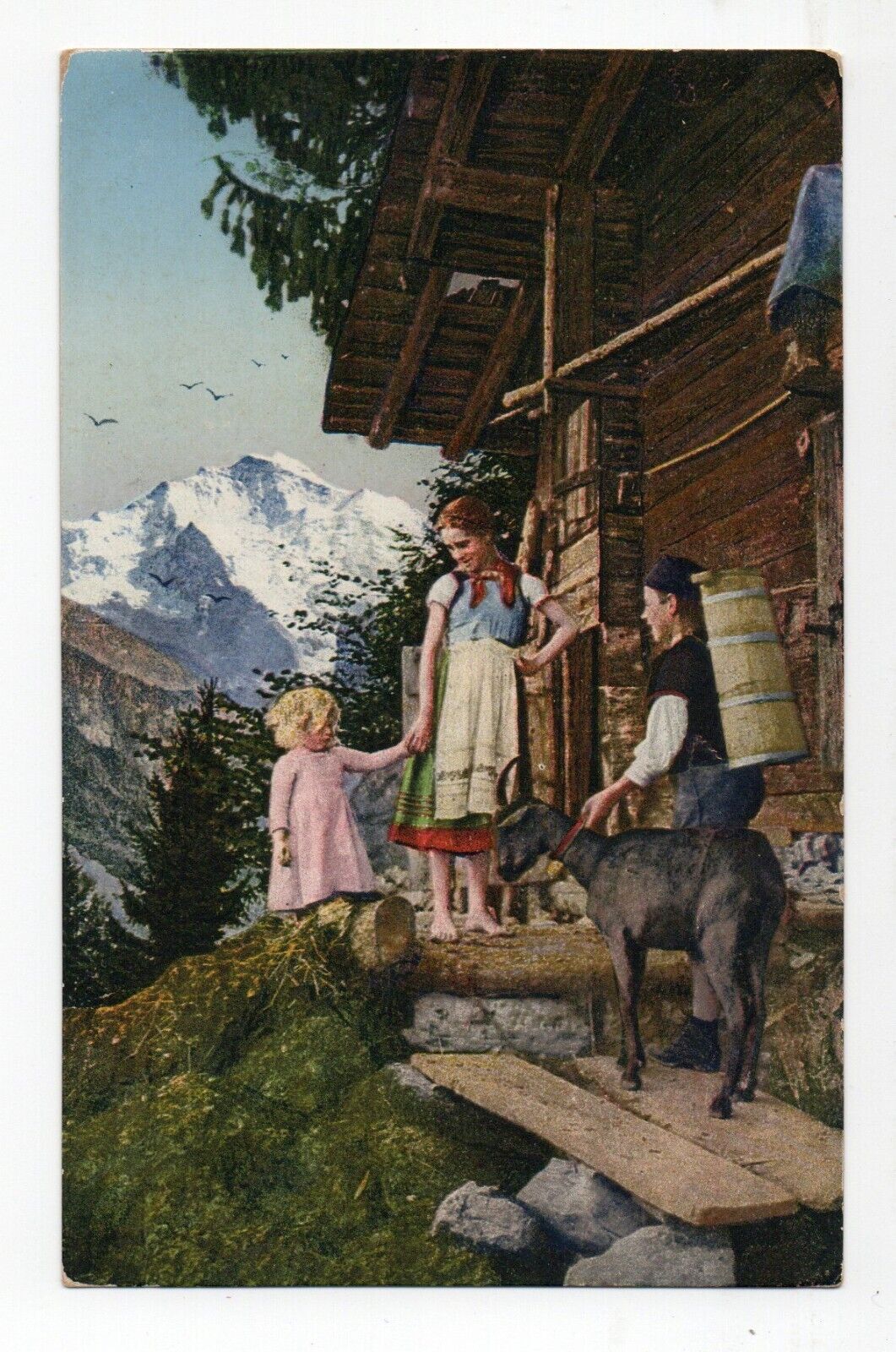 Swiss Alps Scenic Children and Goat, Zurich Switzerland Vintage Postcard