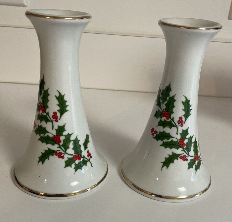 Christmas Candlestick Pair Holly Berries Gold Trim 6”