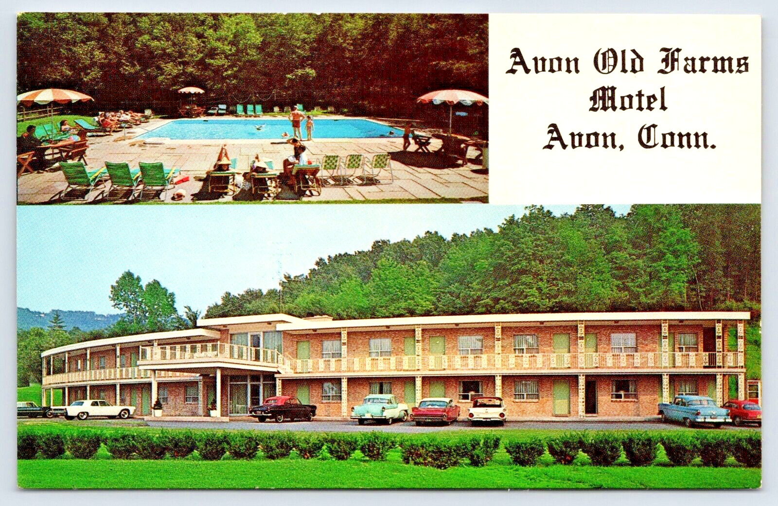 Postcard Avon Old Farms Motel Conn. Mid Century Cars Cadillac Lincoln 50's A10