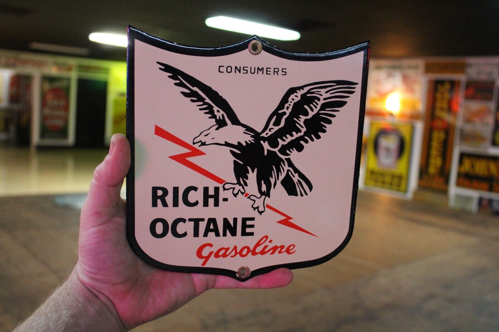 RICHFIELD RICH-OCTANE GASOLINE DEALER PORCELAIN METAL SIGN GAS OIL FORD EAGLE