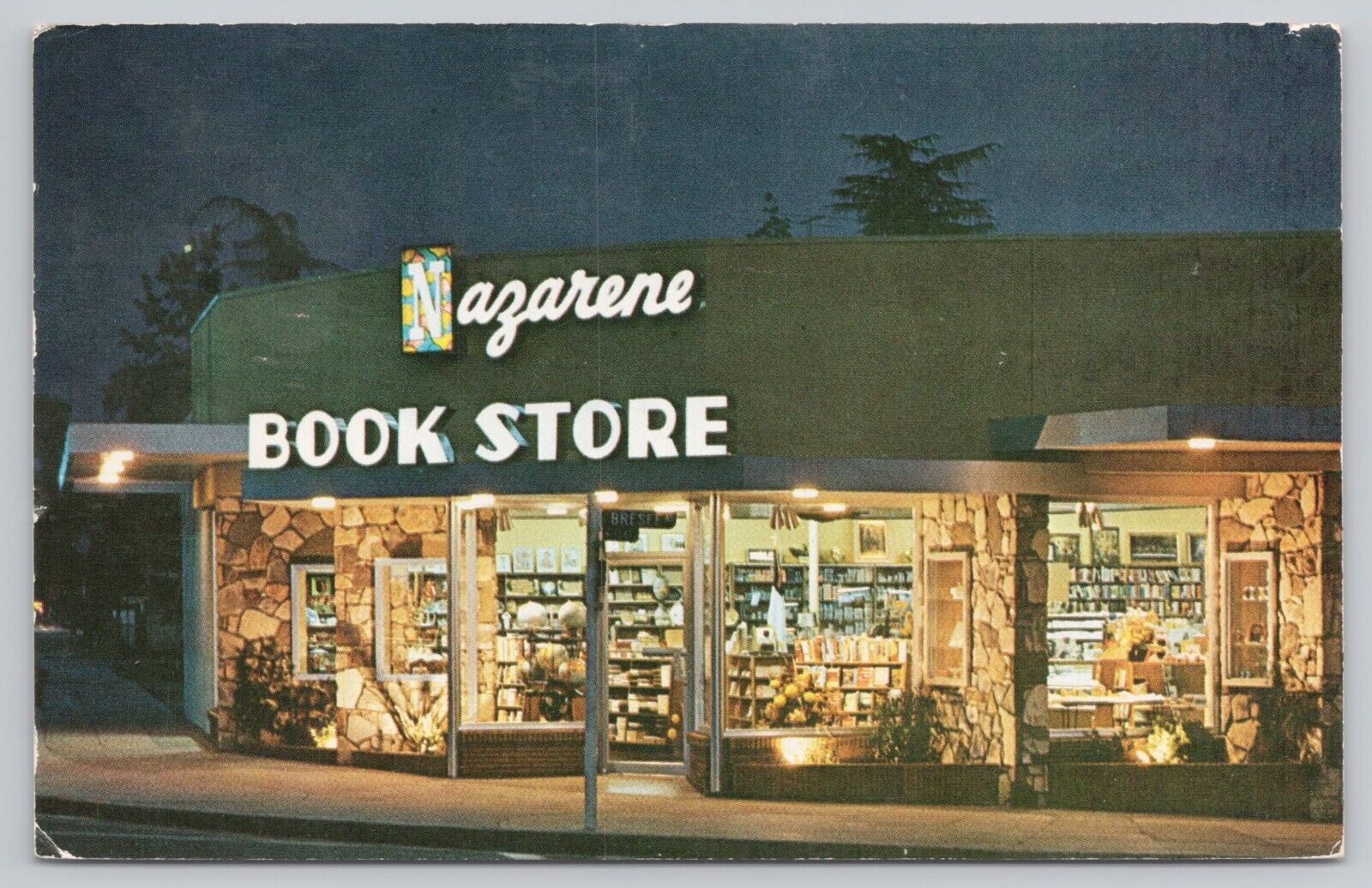 Pasadena California, Nazarene Book Store Night Lights SCARCE, Vintage Postcard