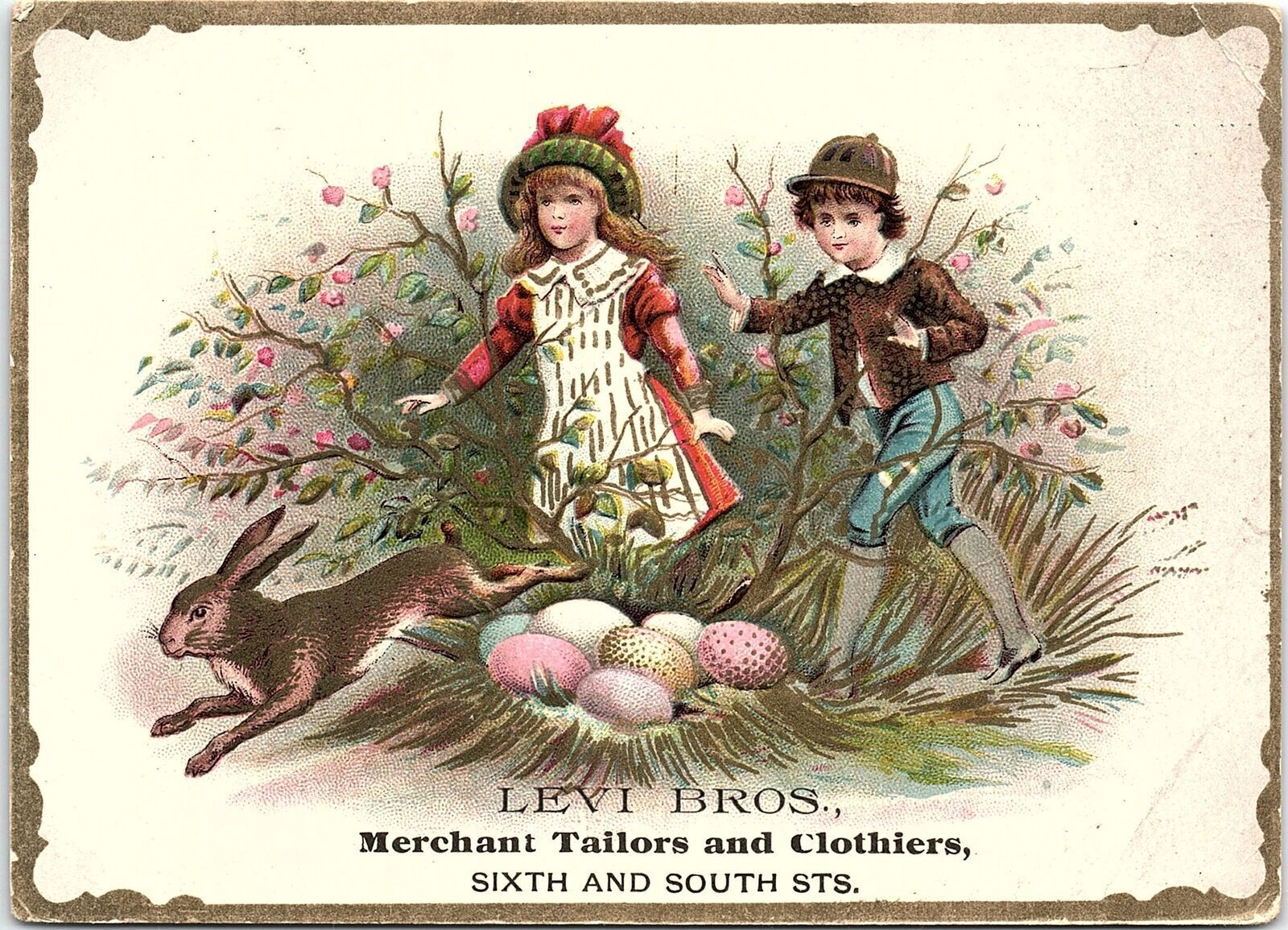 1892 LEVI BROS CLOTHIERS PHILADELPHIA EASTER RABBIT EMBOSSED TRADE CARD 40-101