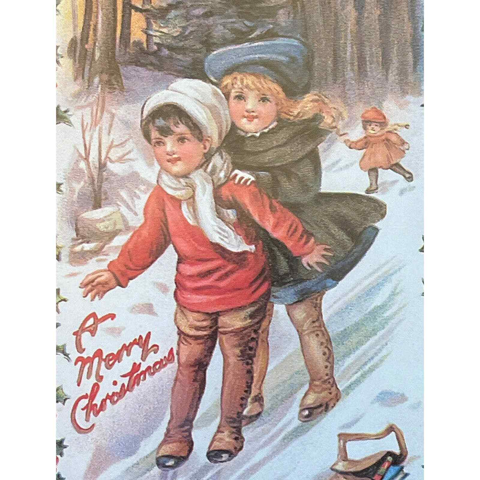 Christmas Postcard Old Print Factory Victorian Style Beautiful Children Skating