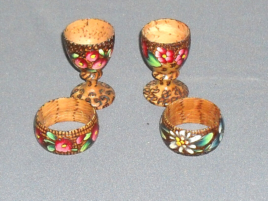Hand carved wood shot glasses/napkin rings from Spain hand painted