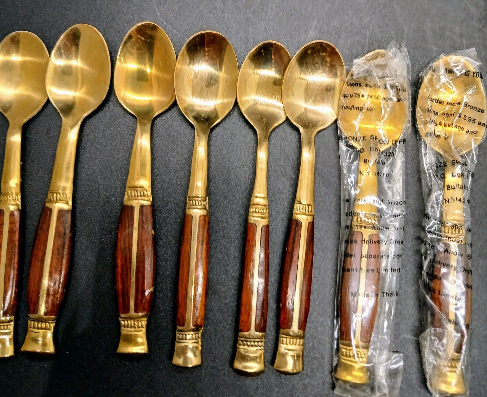 Vintage Sm. Demitasse Brass And Teak Tea Spoons 8 In Velvet Pouch From Thailand