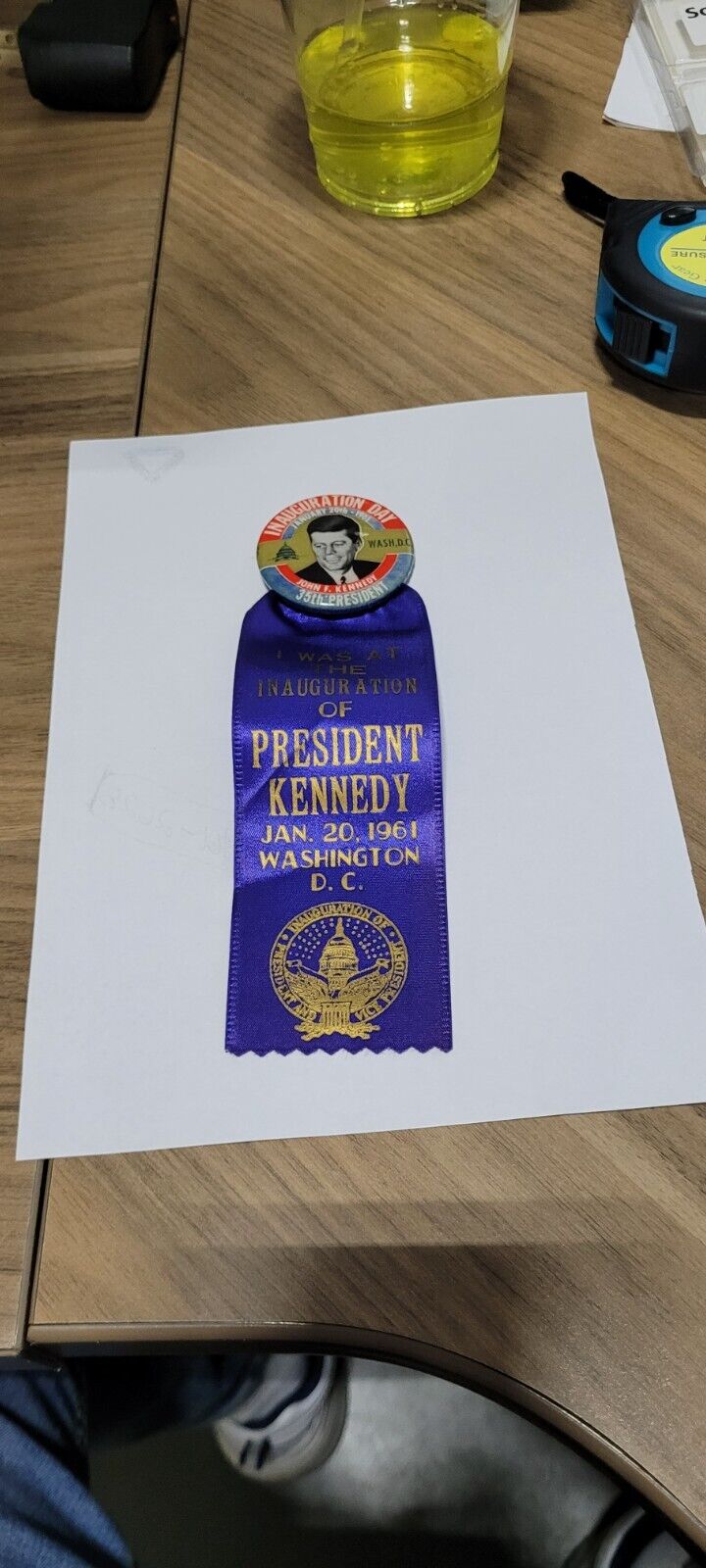 1961 President Kennedy I Was At The Inauguration Pin & Blue Ribbon 1 3/4\