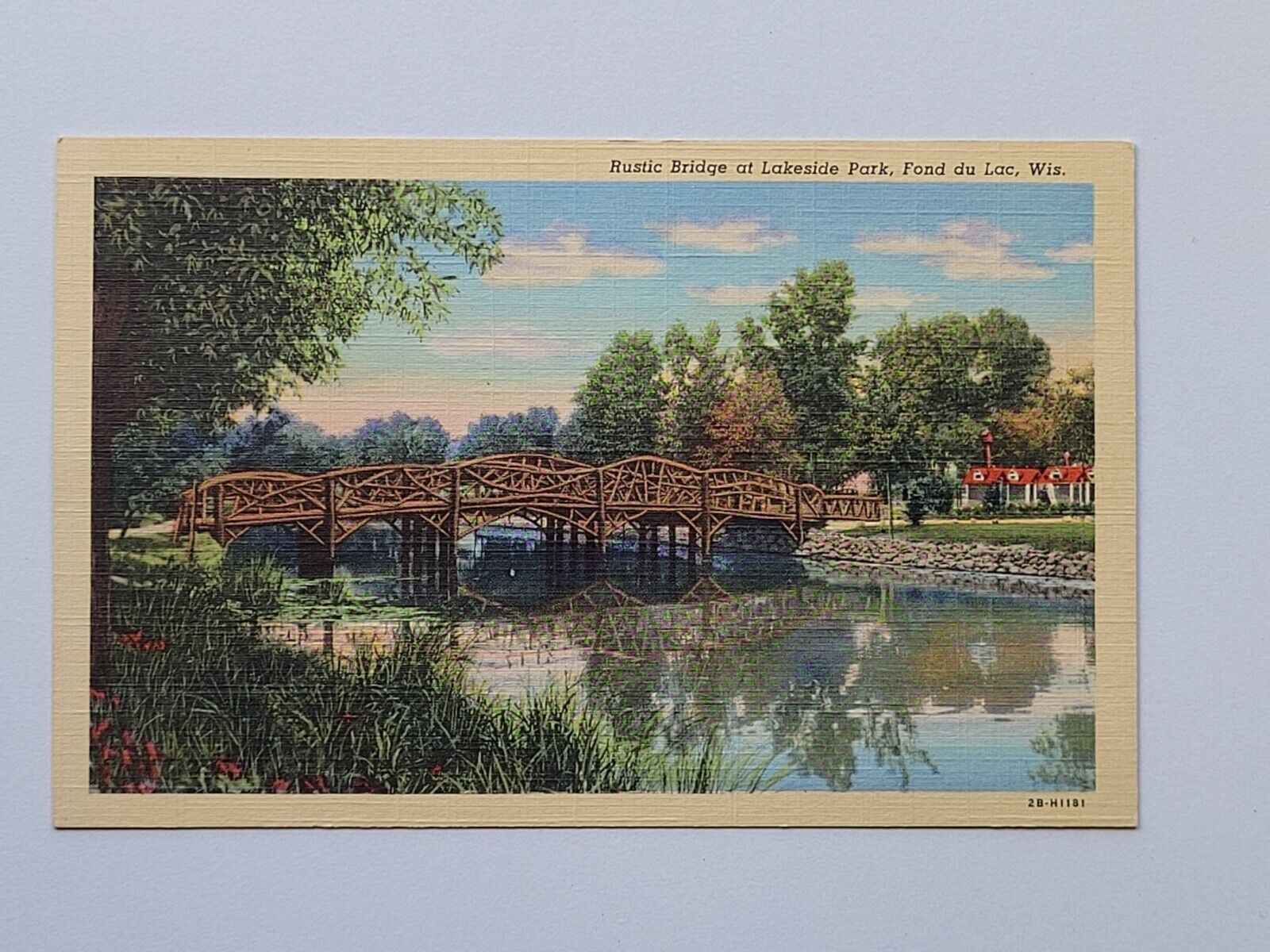 Vintage Linen Postcard Fond Du Lac Wisconsin Rustic Bridge Lakeside Park WI