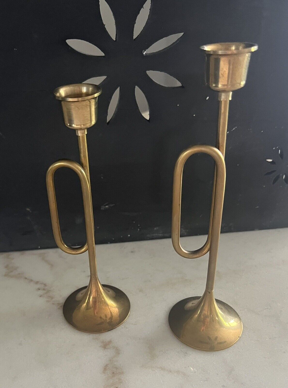 Vintage Set of 2 Solid Brass Bugle/Horn Candlestick Holders BOHO MCM