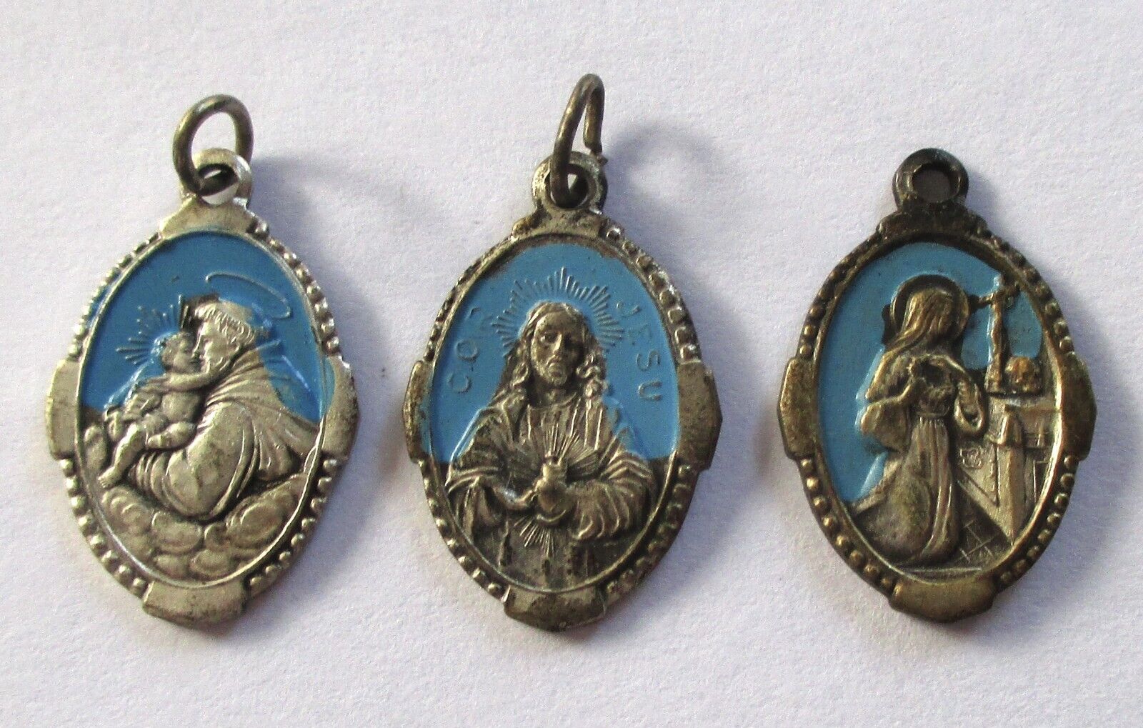 LOT 3 VINTAGE ANTIQUE SILVER BRASS RELIGIOUS MEDALS SAINT SACRED HEART MARY
