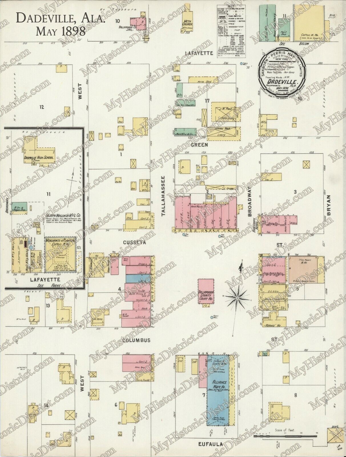 Dadeville AL Alabama 1898 Historic Antique Map RP 12.5x16.5\