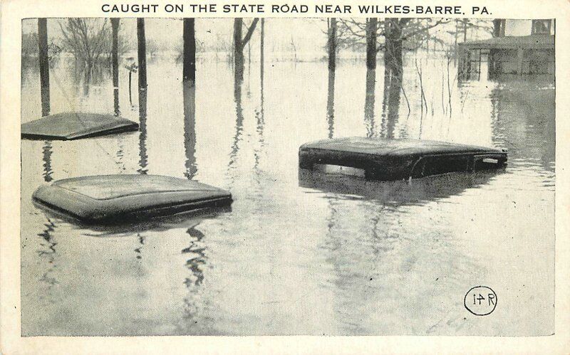 Flood Disaster Submerged autos 1920s Wilkes Barre Pennsylvania Tichnor 7586