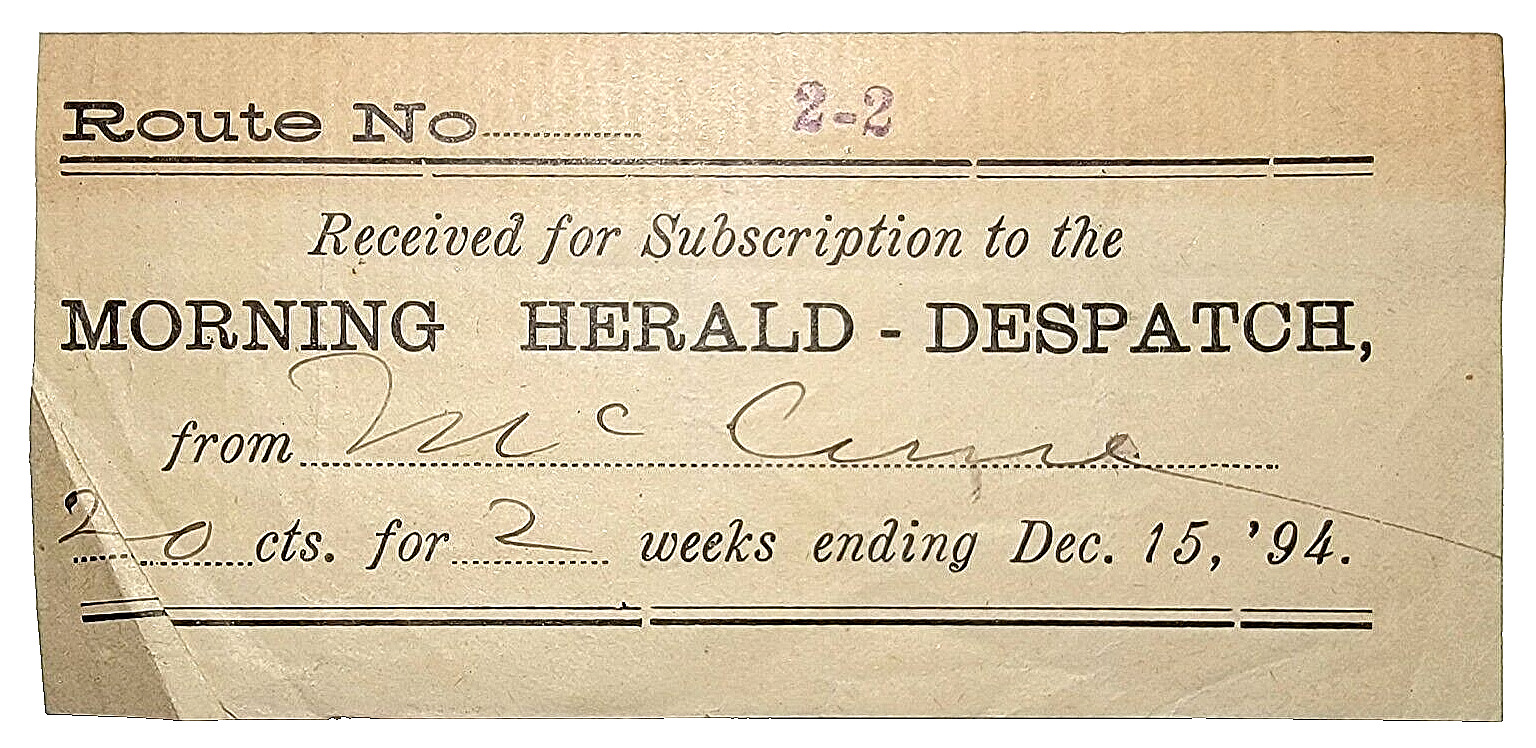 Original Old Vintage Newspaper Subscription Paper Receipt Decatur Illinois 1894