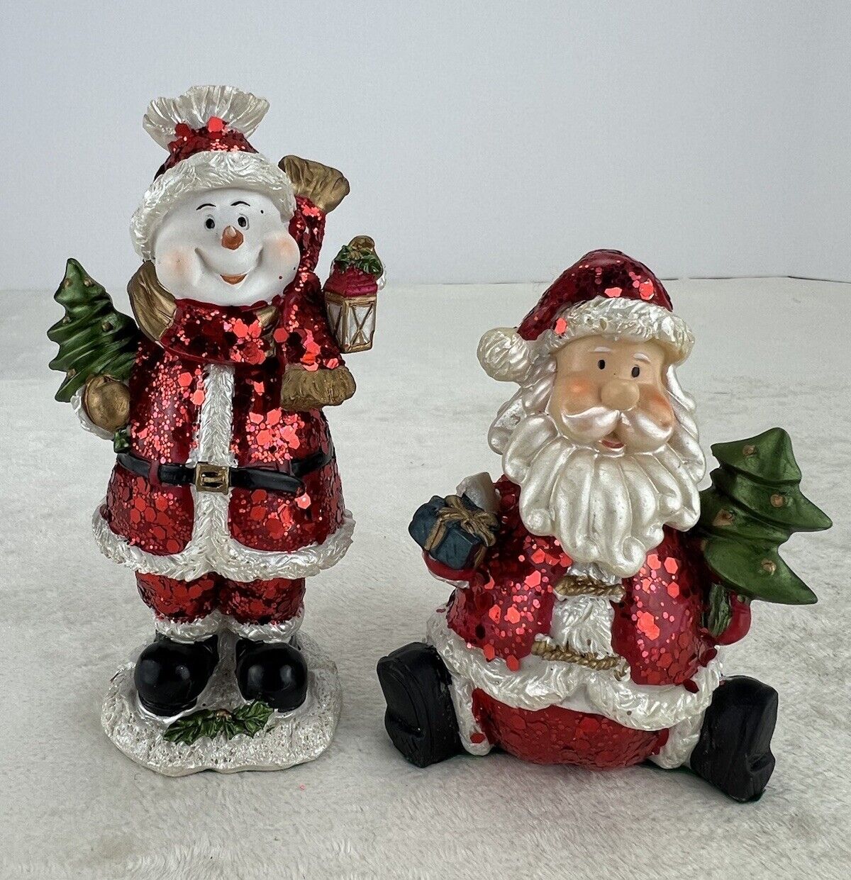 Vintage Christmas Bobblehead Santa Claus and Snowman Both in Red Glitter Coats