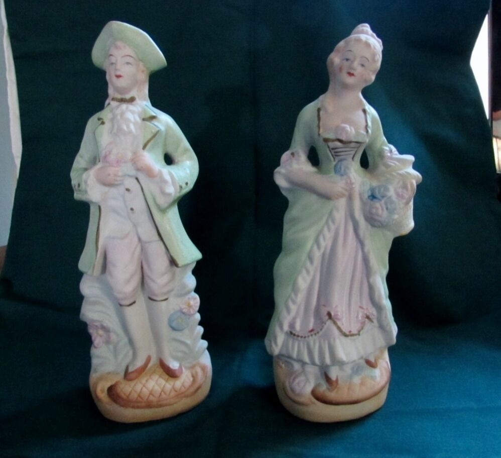 Occupied Japan Porcelain Bisque Colonial Man & Woman Figurines WWII