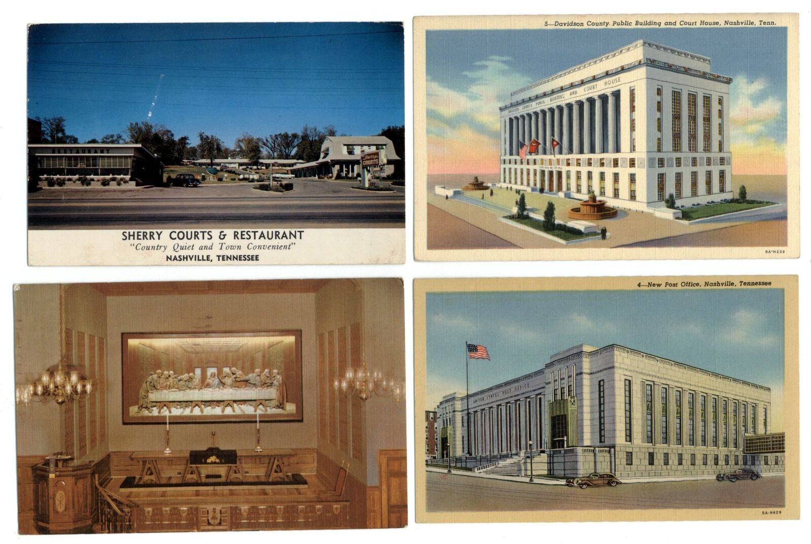LOT OF 4 ~ Nashville Tennessee ~ Post Office ~ Upper Room Chapel ~ postcards