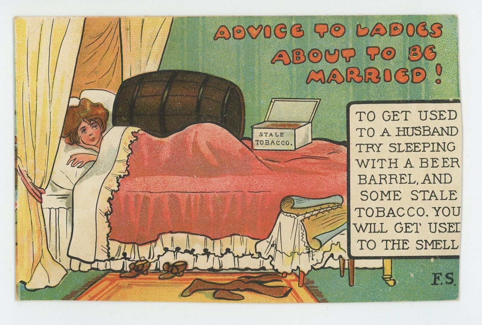 Vintage Postcard Adult Humor Advice To Ladies About Marriage Bed Beer Smoke 1908