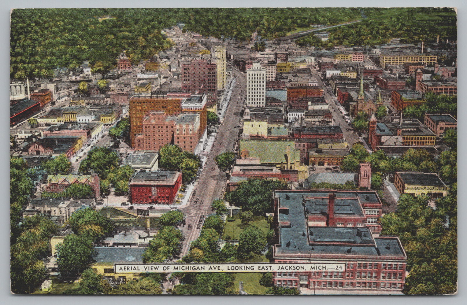 Postcard, Michigan Ave Arial View Looking East, Jackson Michigan, Unposted