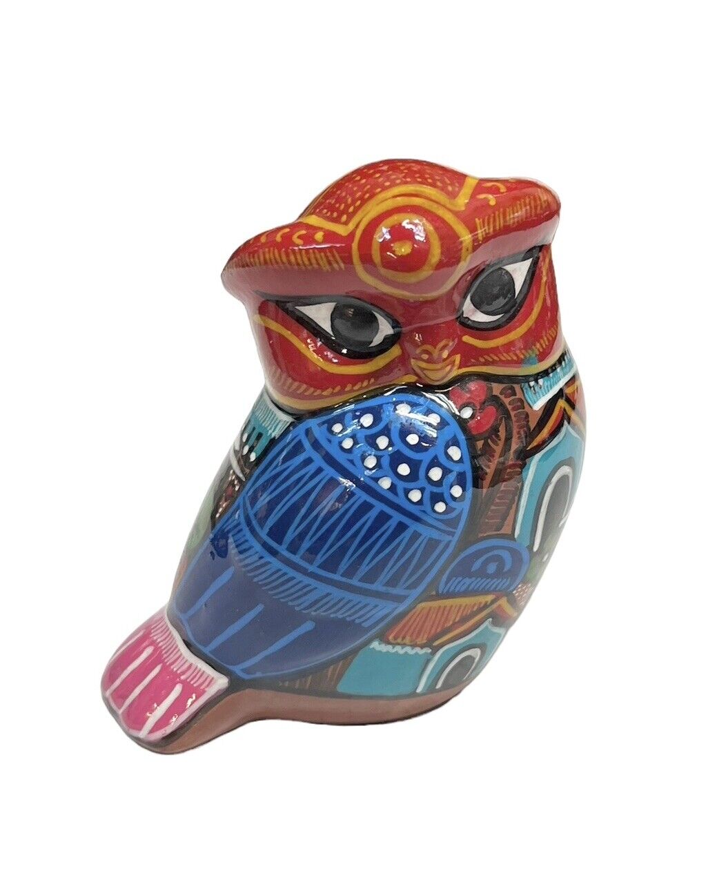 Mexican Folk Art Owl Figurine Talavera Type Pottery Multi Color Hand Painted 5”