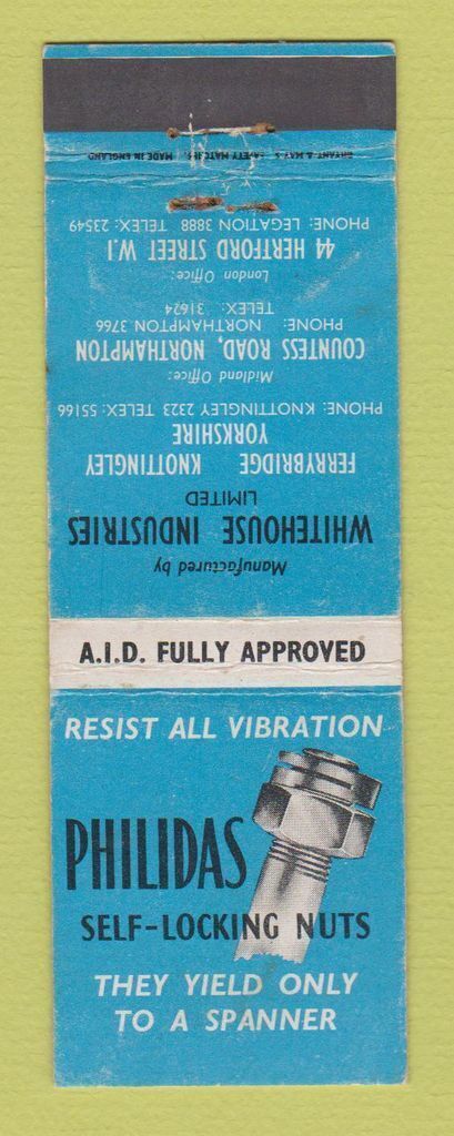 Matchbook Cover - Philidas Self Locking Nuts UK Yorkshire  WEAR