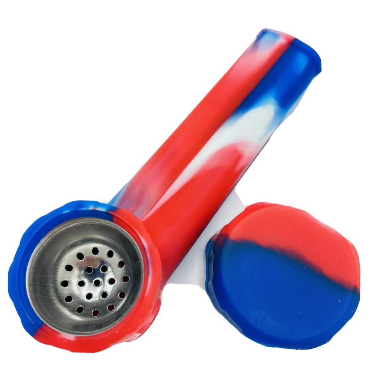 Silicone Smoking Pipe with Metal Bowl & Cap Lid | Red/White/Blue  | USA