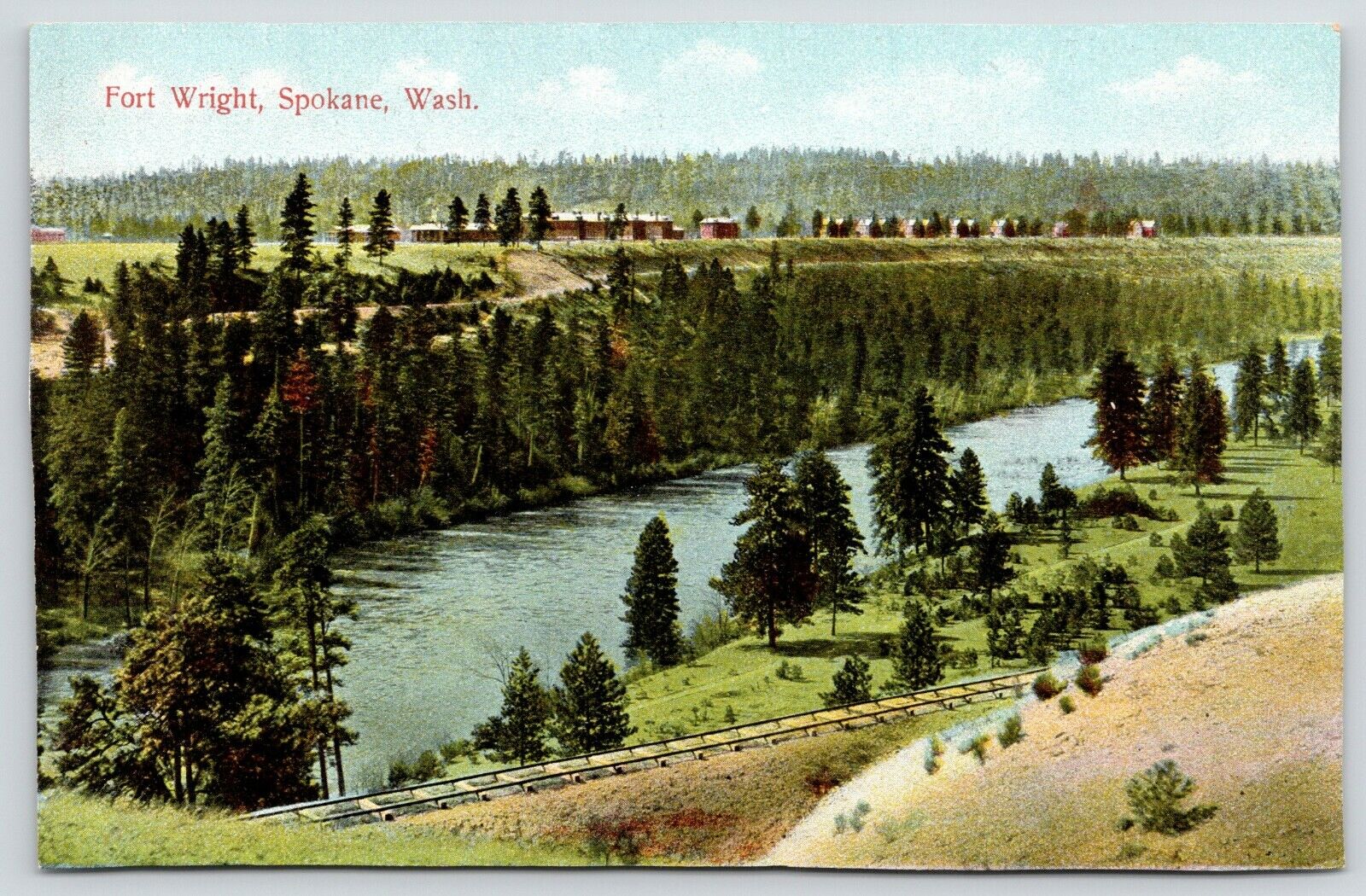 Spokane Washington~Fort Wright on Ridge Above River~Railroad Tracks~c1910 PC