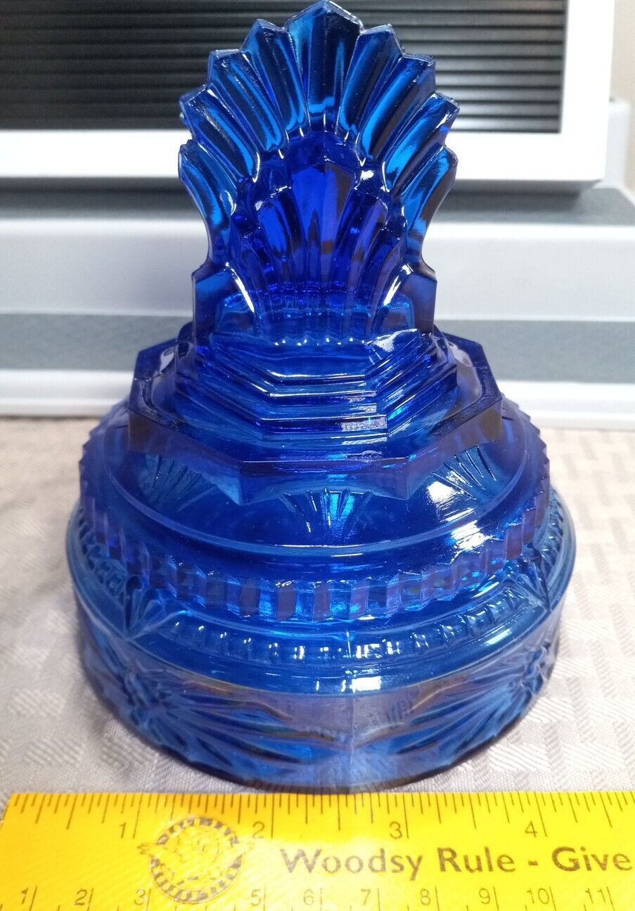 Rare L.E. Smith Art Deco Pleated Fan Cobalt Blue Glass Powder Jar Bowl