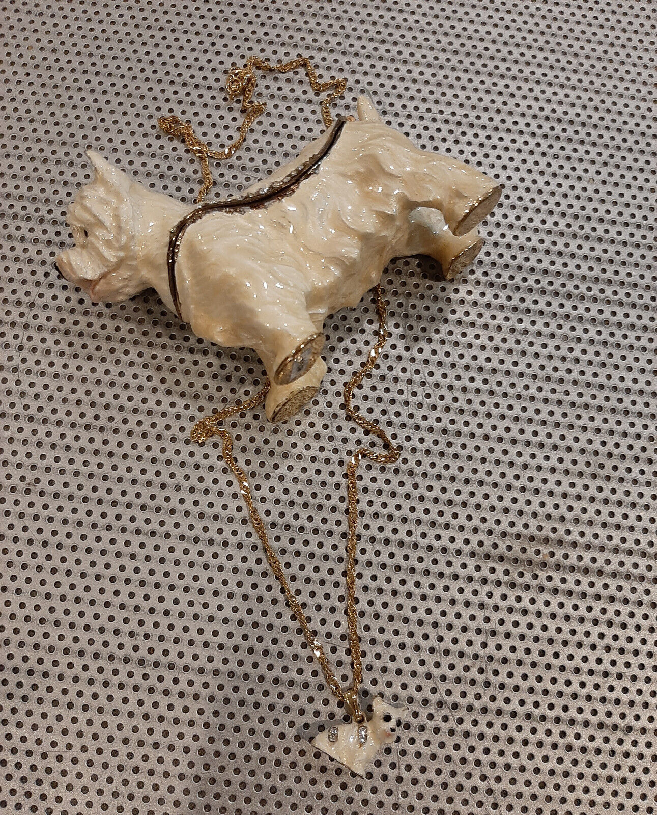 Jeweled Ivory Enamel Westie Dog Kingspoint Design Hinged Trinket Box w Necklace