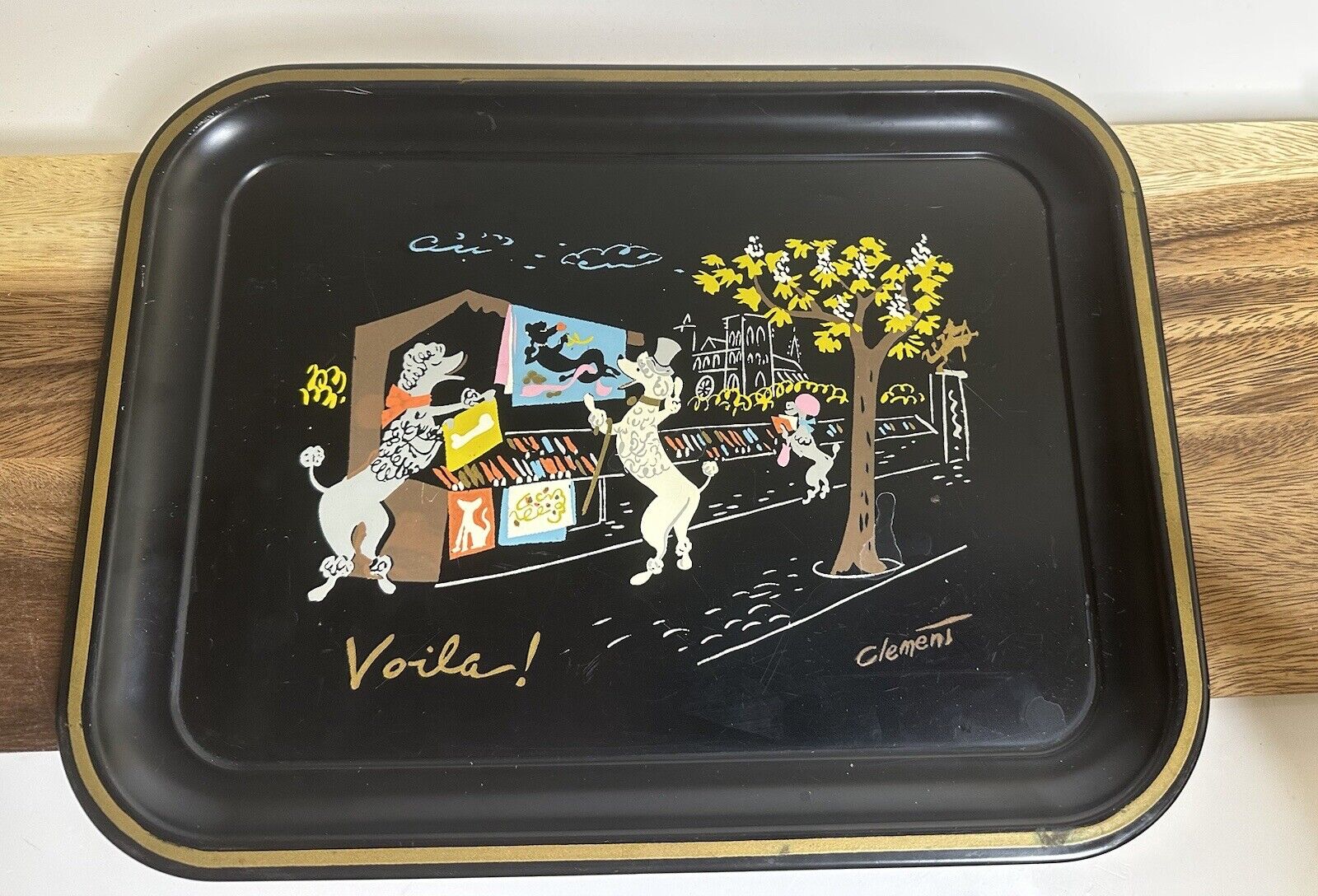 Nascho Metal Tray Hand Painted French Poodles Shopping Signed Clement Large