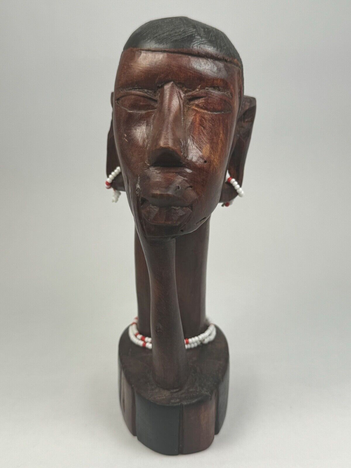 African Hand Carved Ebony Wood Tribal Warrior Sculpture Head Bust Beads VINTAGE