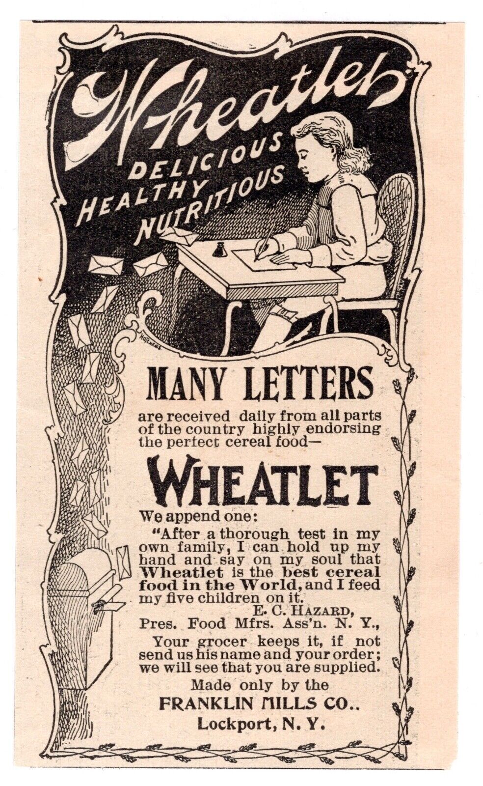 c1880s Wheatlet Cereal Franklin Mills Co Food Art Lockport NY Antique Print Ad