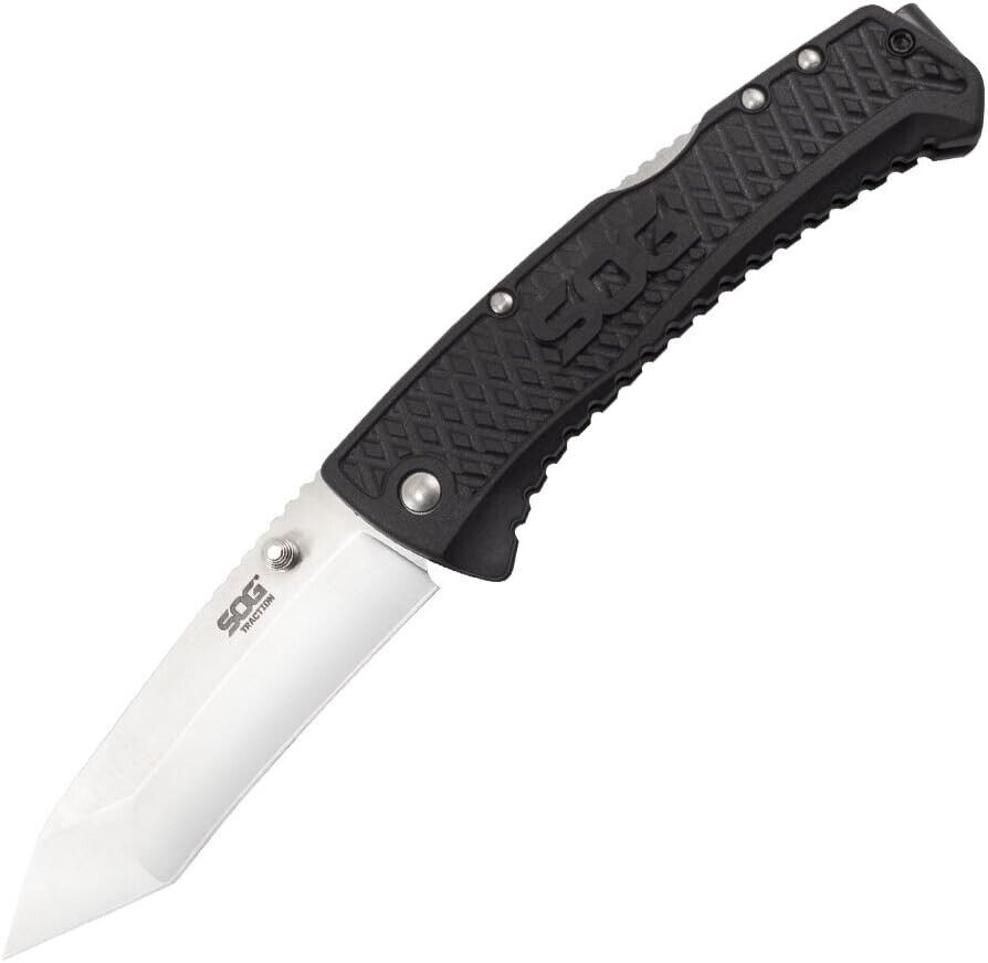 SOG Traction Lockback Folding Knife Tanto Steel Blade Black GRN Handle Low Clip