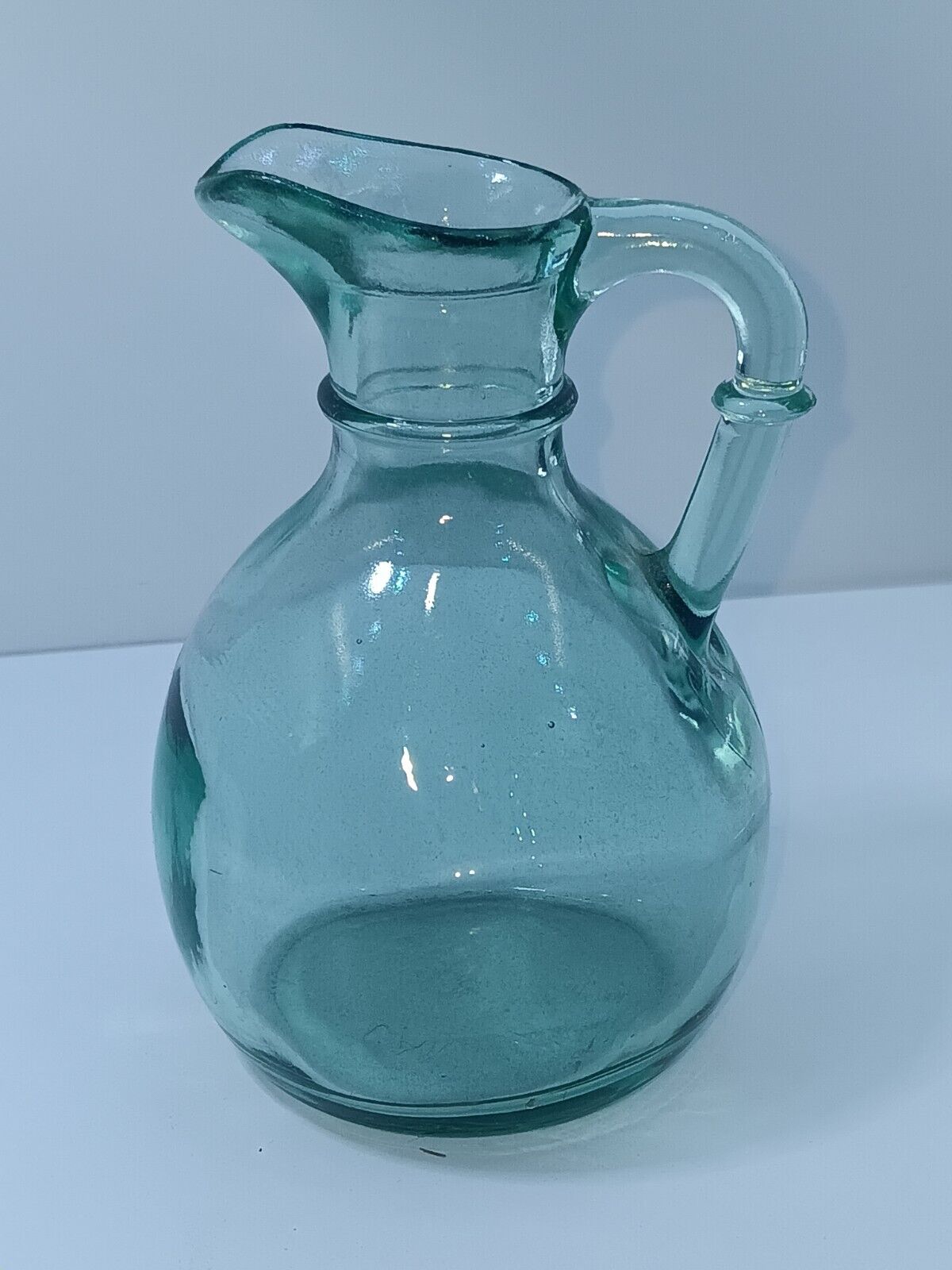 Vintage MCM Small Green Slash Blue Glass Pitcher from Canada EUC Bottle (BX3)