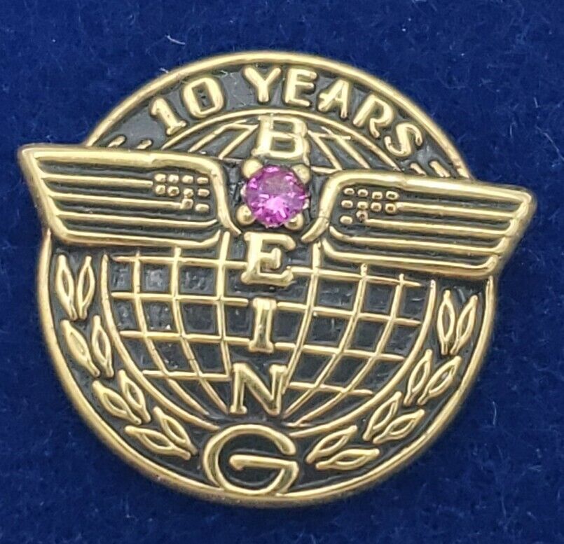 Boeing 10 Year Service Pin 1/10 10K Gold Filled 1 Red Ruby Airplane Globe Totem 