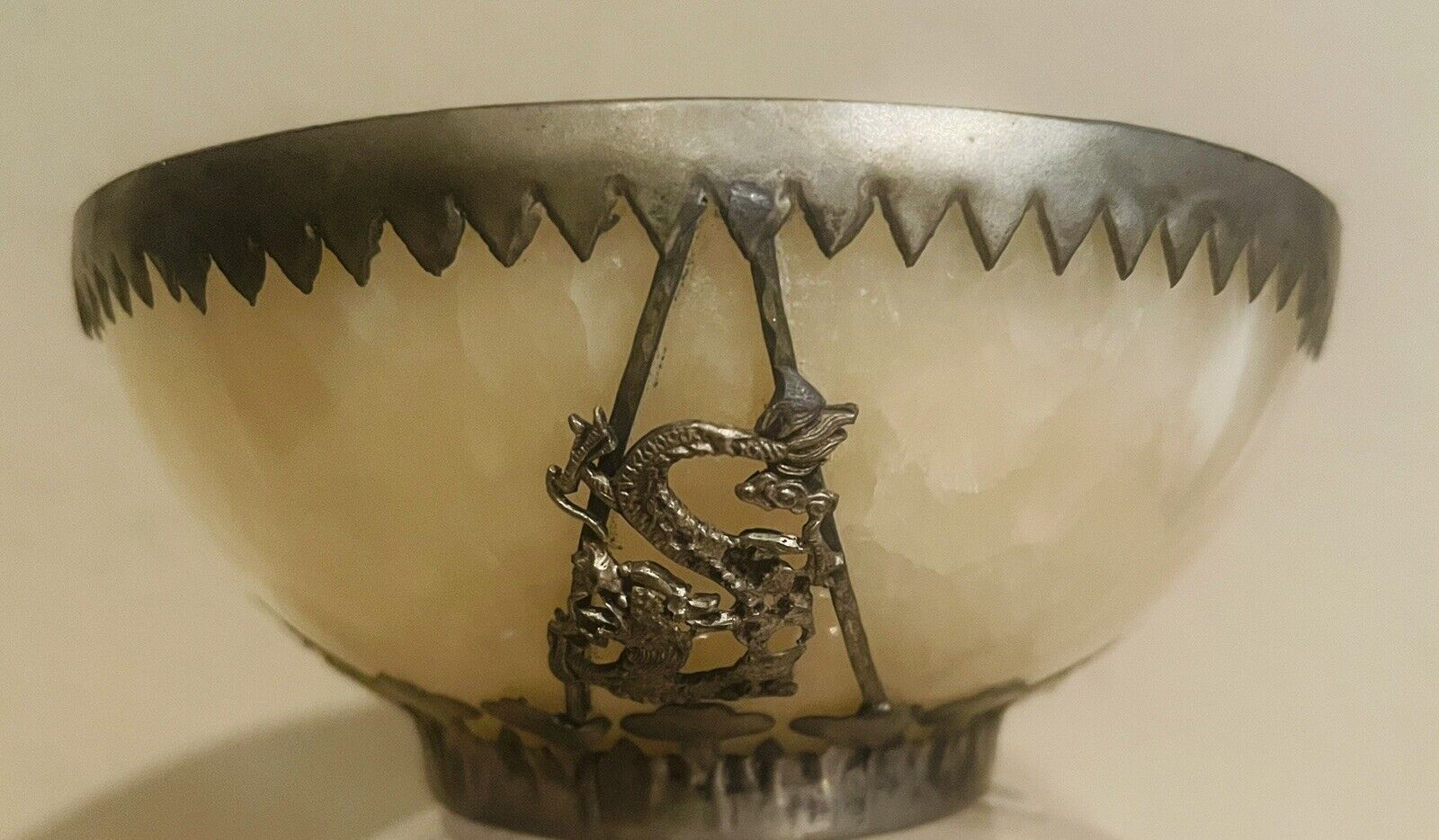 Vintage Chinese Stone Bowl With  Metal Dragon Accents