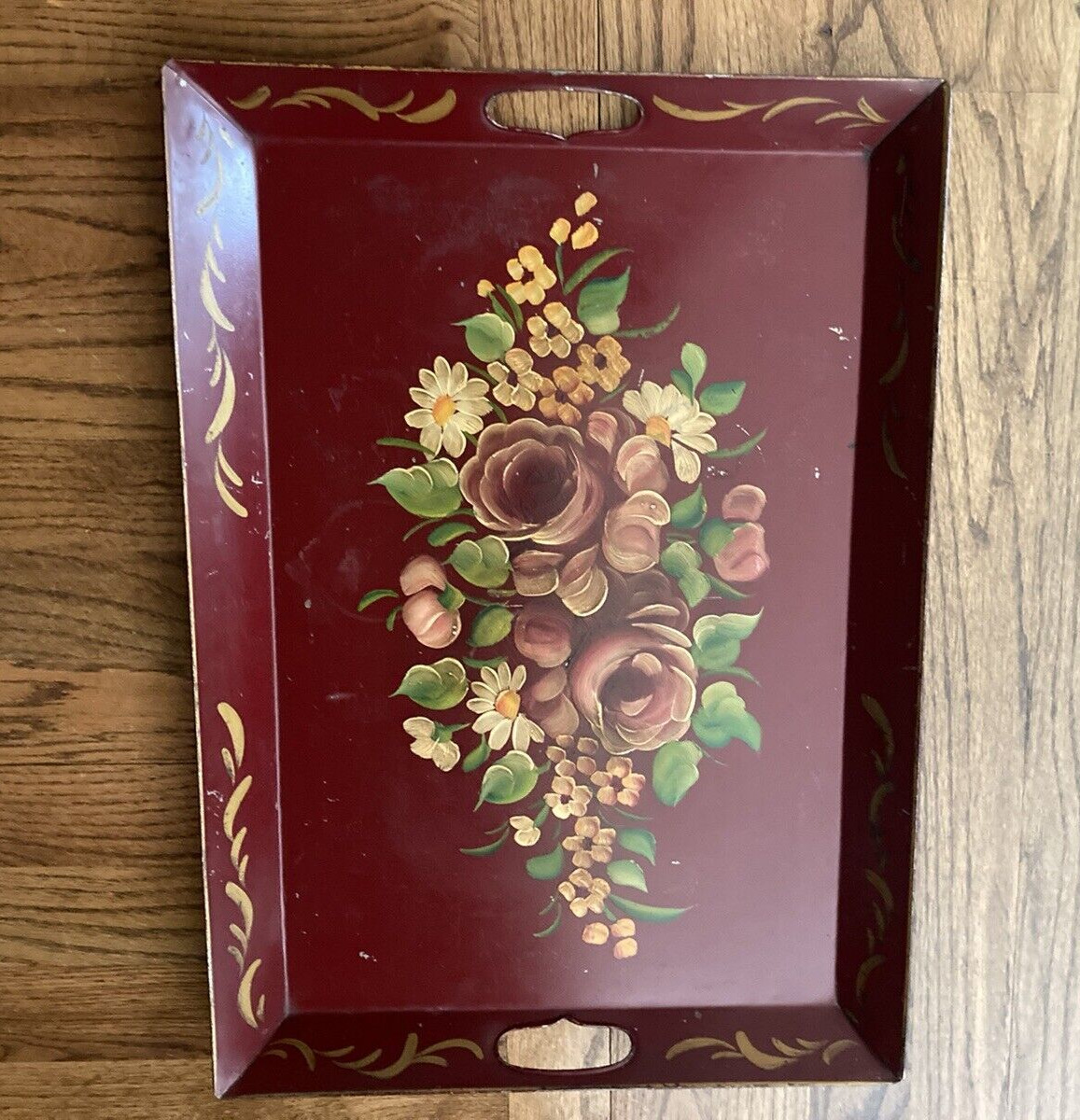 vintage red, hand painted 21 inch tole tray with cut out handles