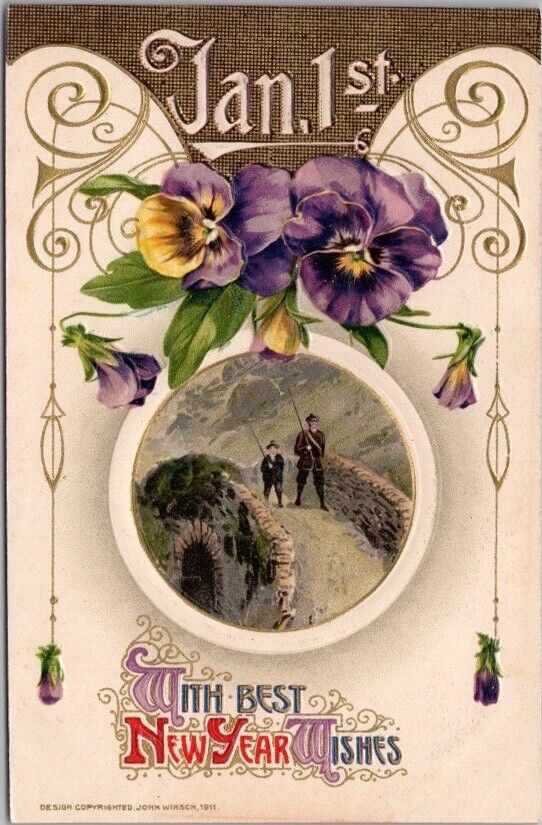 c1910s Winsch BEST NEW YEAR WISHES Embossed Postcard Bridge Scene / Unused