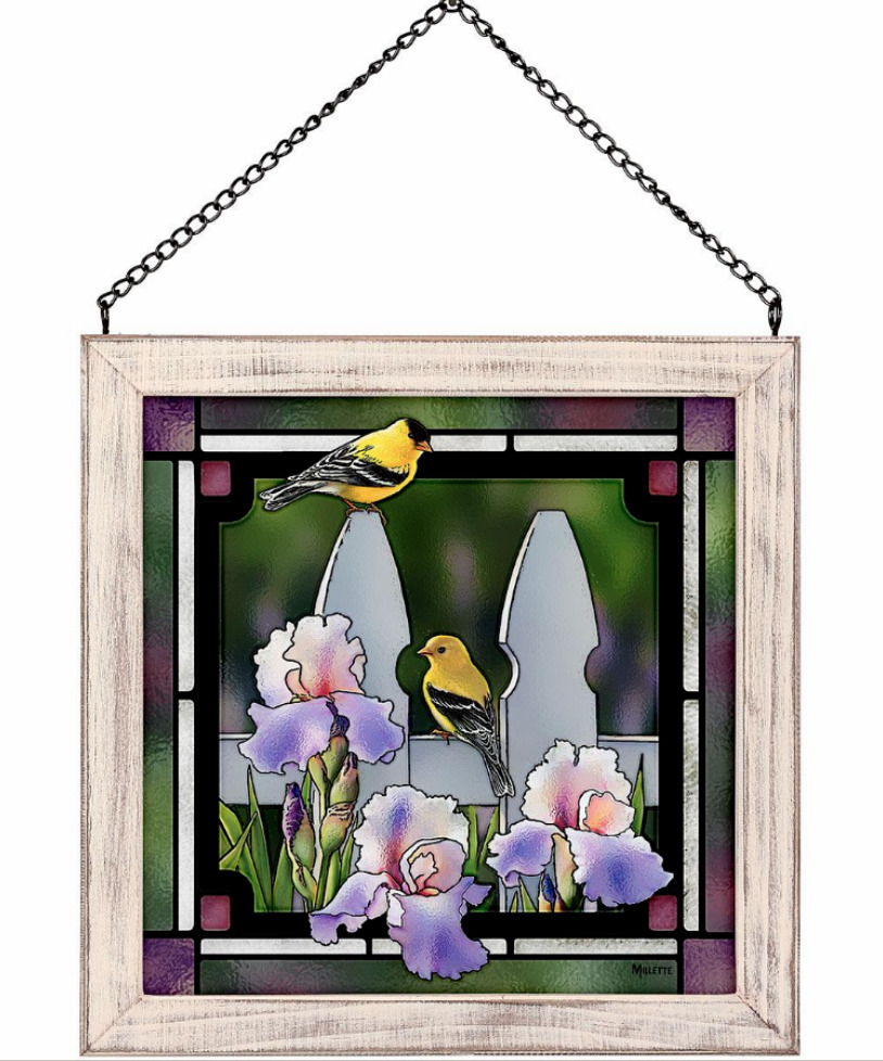 Picket Fence-Goldfinch Stained Glass Art by Rosemary Millette Wild Wings