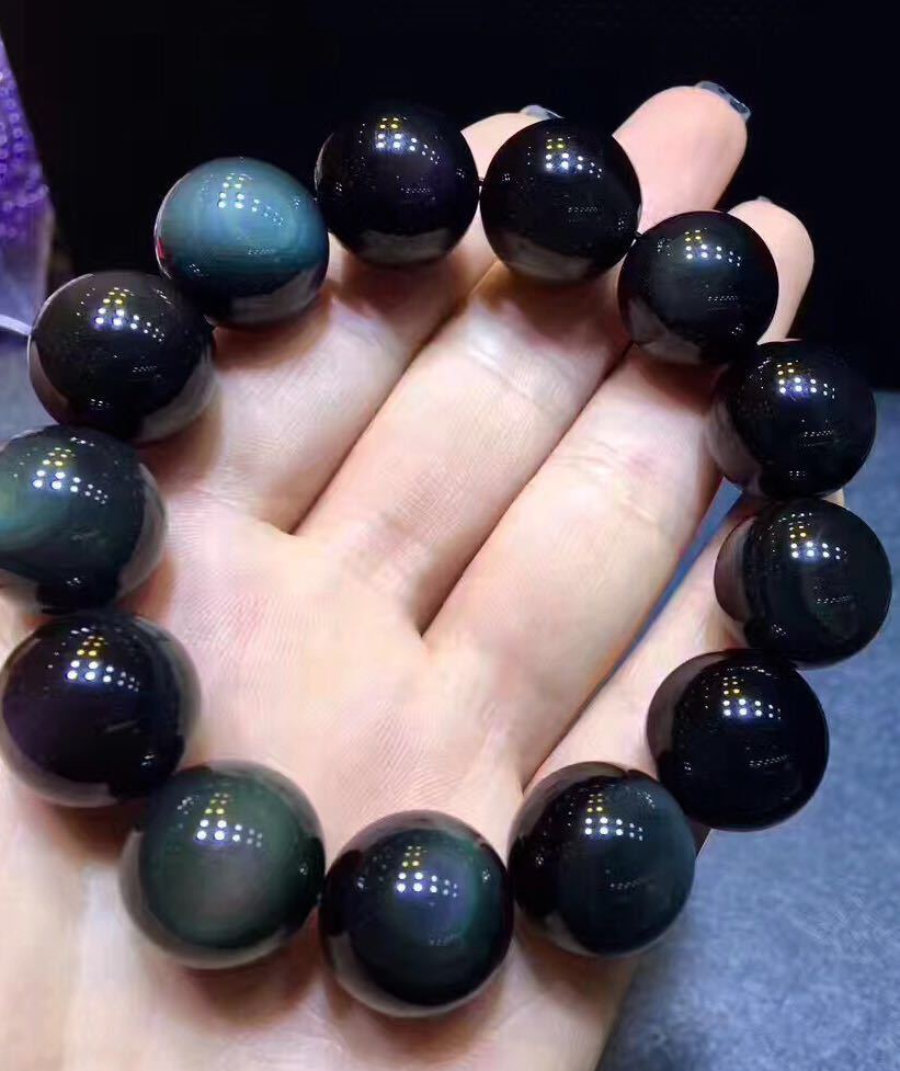 18mm Natural Rainbow Black Obsidian Gemstone Round Beads Stretch Bracelet