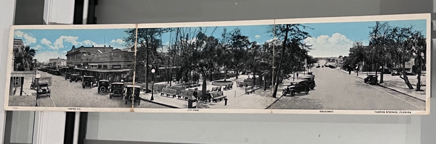 c1920s Tarpon Ave City Park Broadway Tarpon Springs FL TriFold Panorama Postcard